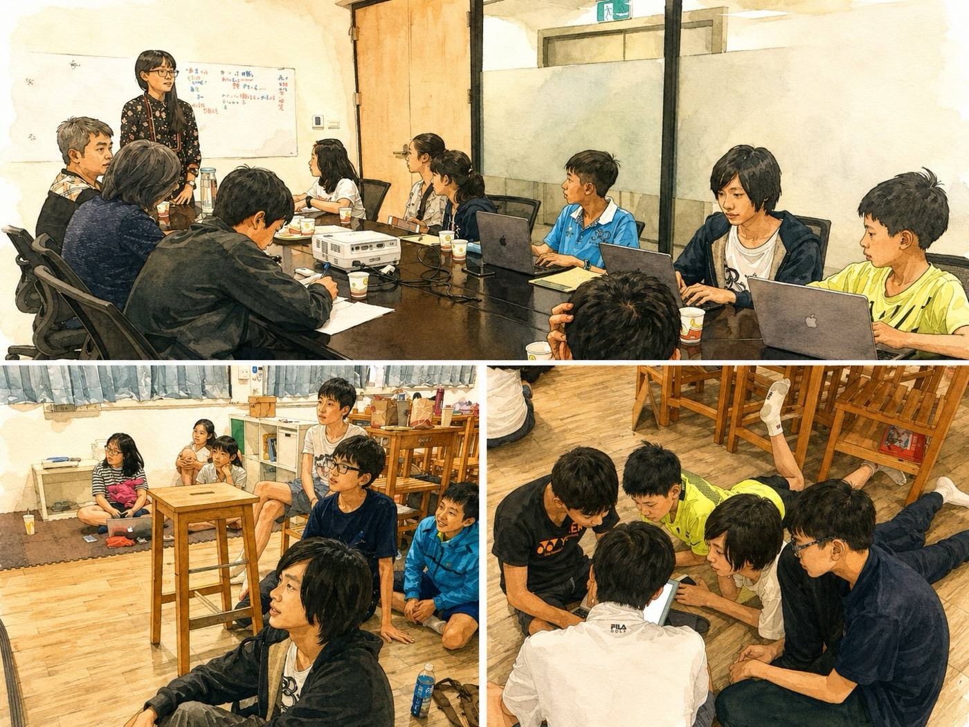創業課的上課現場:孩子們圍著桌子與筆電討論,白板上寫著這堂課的重點,老師在一旁引導。
