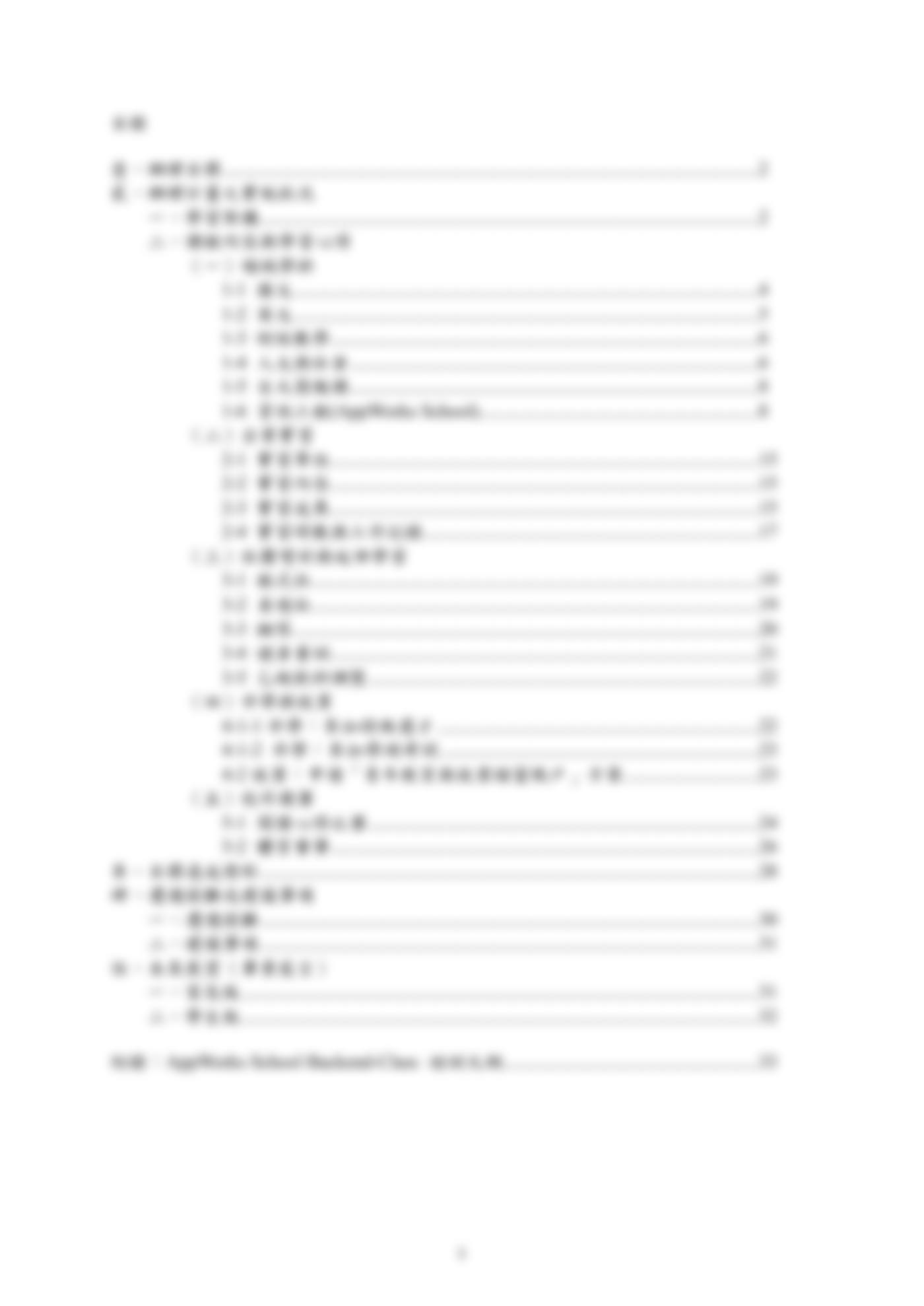 學習成果報告書的目錄頁：從辦理目標、課程內容與學習心得、企業實習、升學與就業到未來展望的完整章節架構。