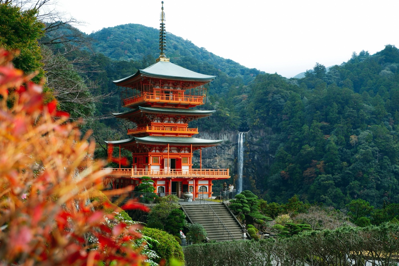 熊野三山之一的那智，青岸渡寺三重塔與背後的那智瀑布，四周是秋天的紅葉。