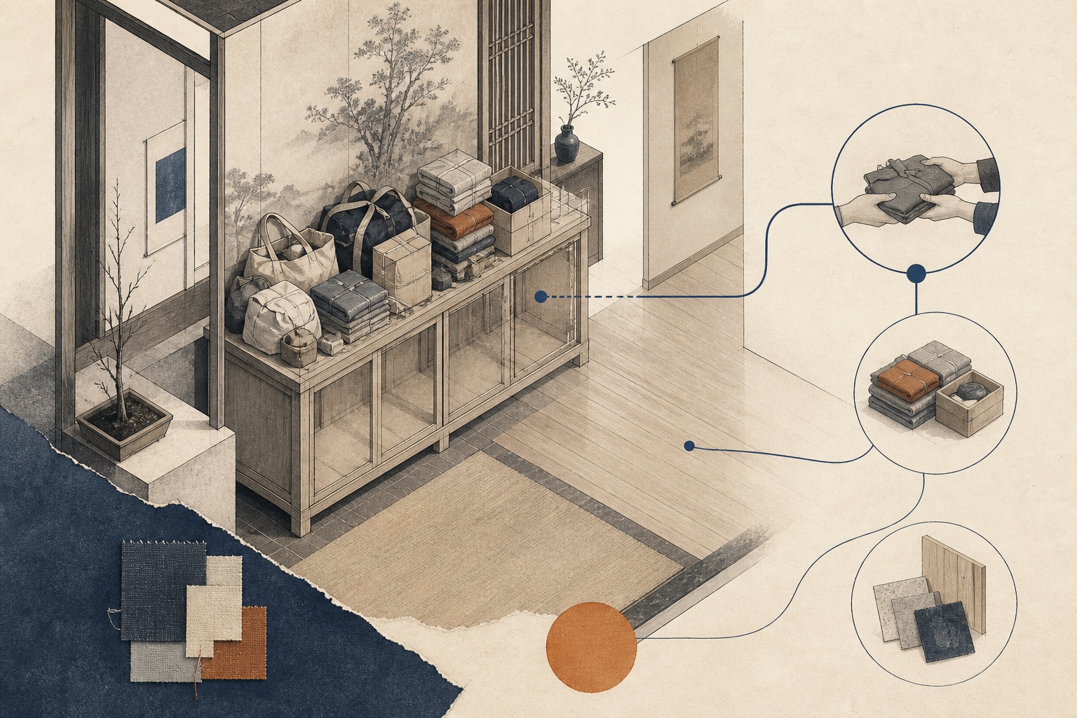 一件閒置的大型家具佔住房間中央,周圍物品沿著它形成暫存堆,另一側留出拆解、轉交與材料處理的空間路徑。